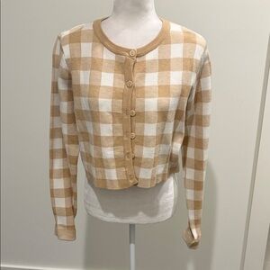 New With Tags Emory Park Cropped Tan and Ivory Gingham Cardigan Sz L